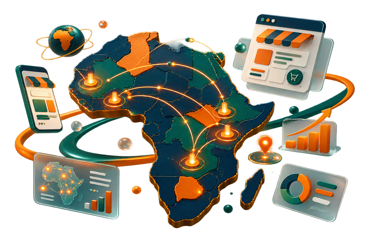 3D illustration of JAYSHOP ECOM connecting digital storefronts and marketing across Africa